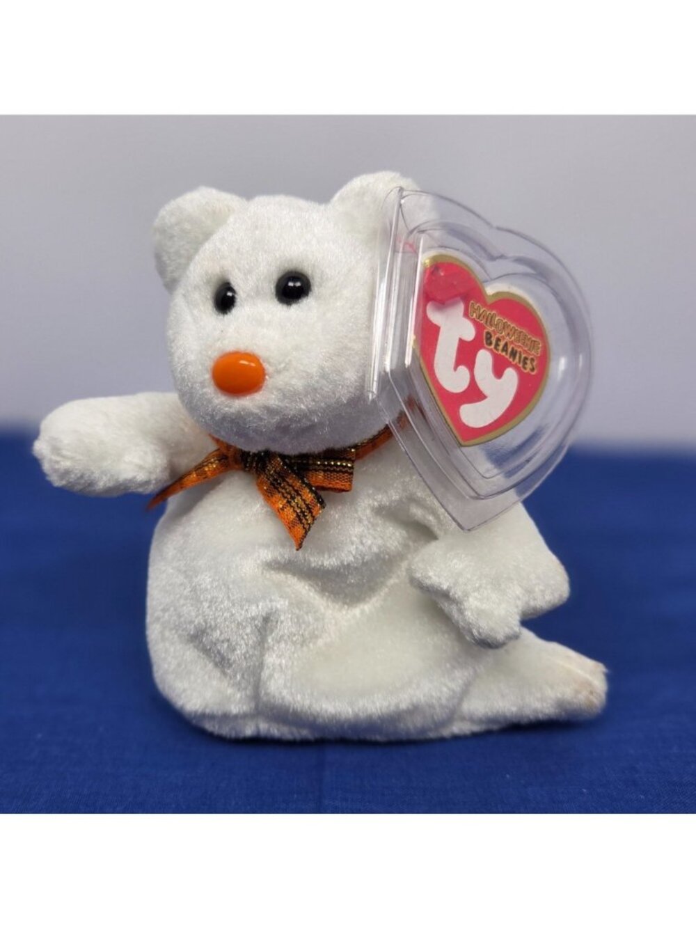 TY Halloweenie Beanies PHANTOM Ghost Bear Plush White Orange Nose 2007 MWMT